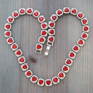 12.5mm 8inches Red Heart Diamond Chain Rhinestones Silver Plated Necklace